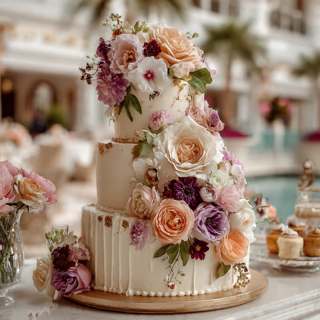 wedding cake with cascading floral arrangement flowing