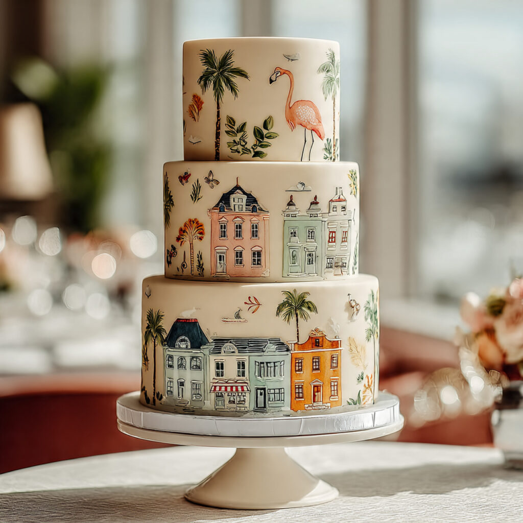 wedding cake with hand drawn whimsical illustrations playful