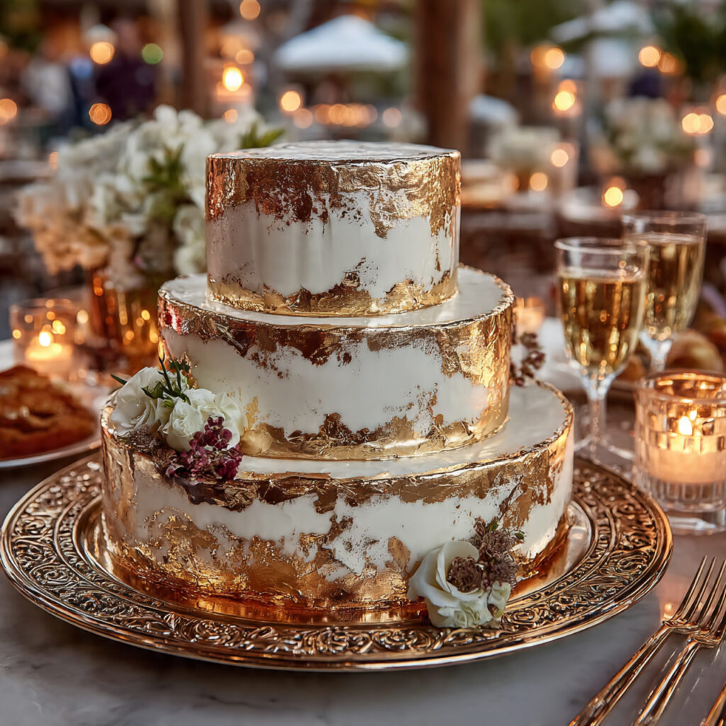 wedding cake with subtle gold leaf accents