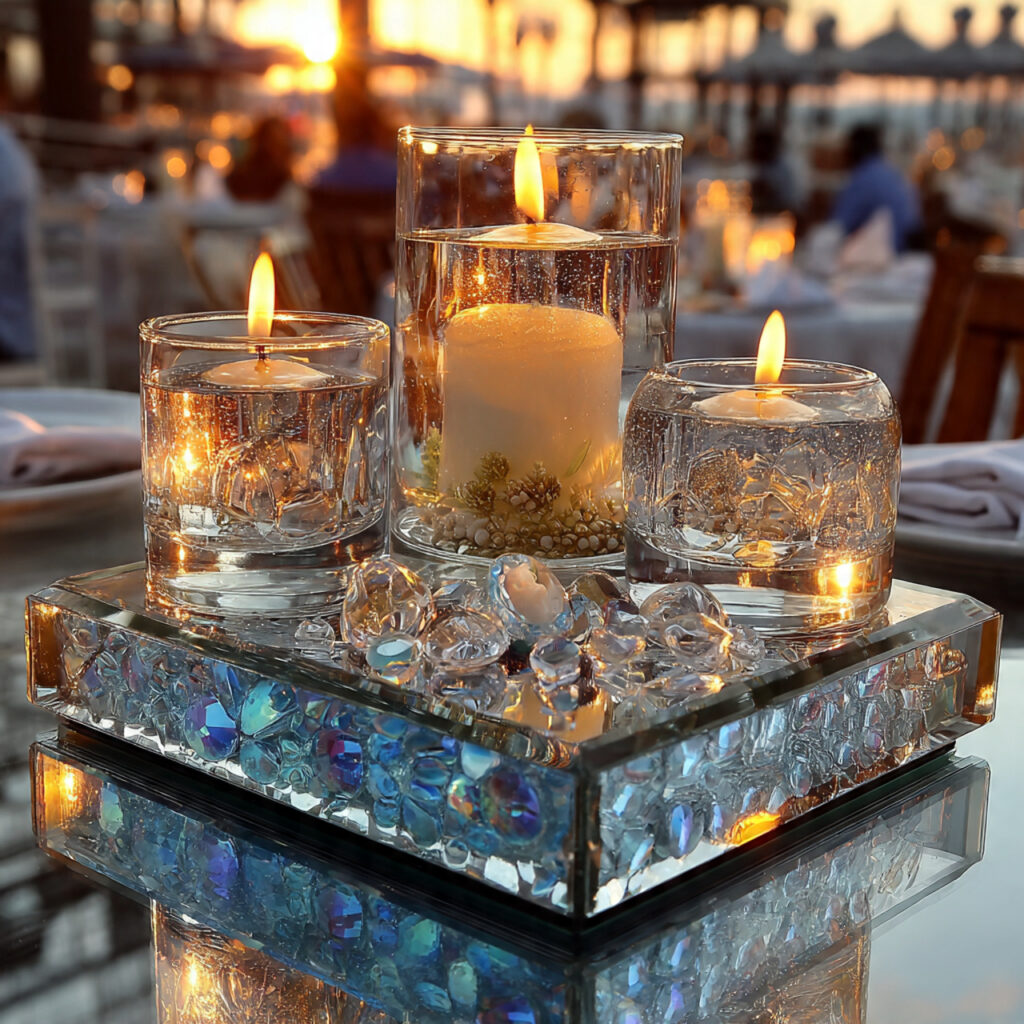 wedding centerpiece on a square mirror tile
