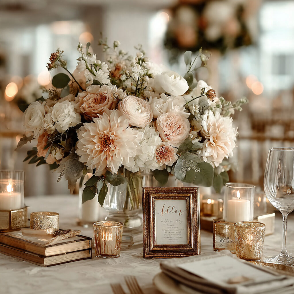 wedding centerpiece with small framed personal notes