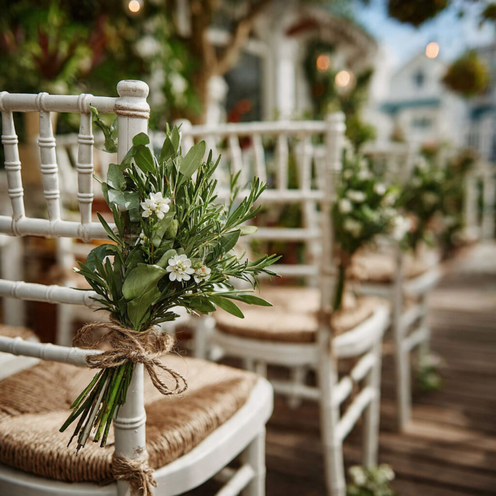 wedding ceremony aisle chairs decorated with small
