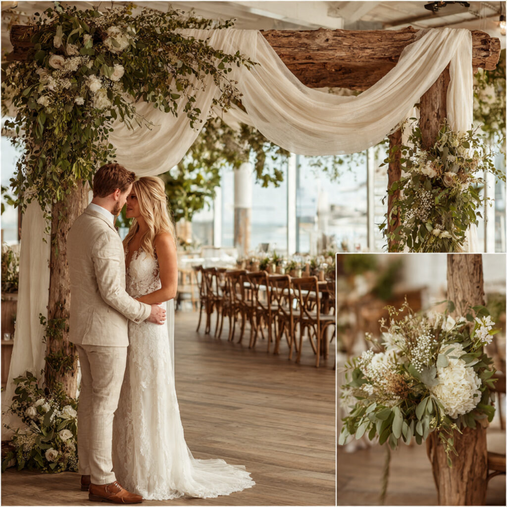 wedding ceremony arch reused as reception backdrop