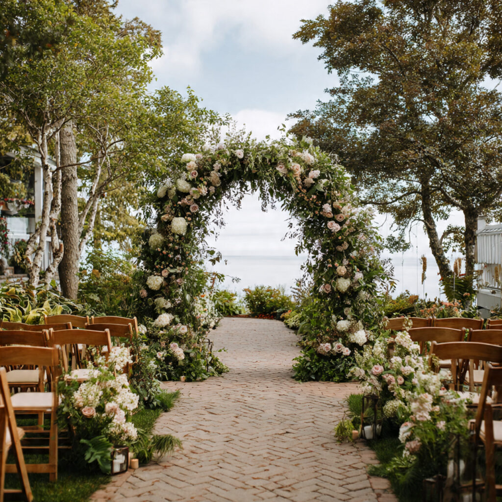 wedding ceremony floral arch asymmetrical floral design 1