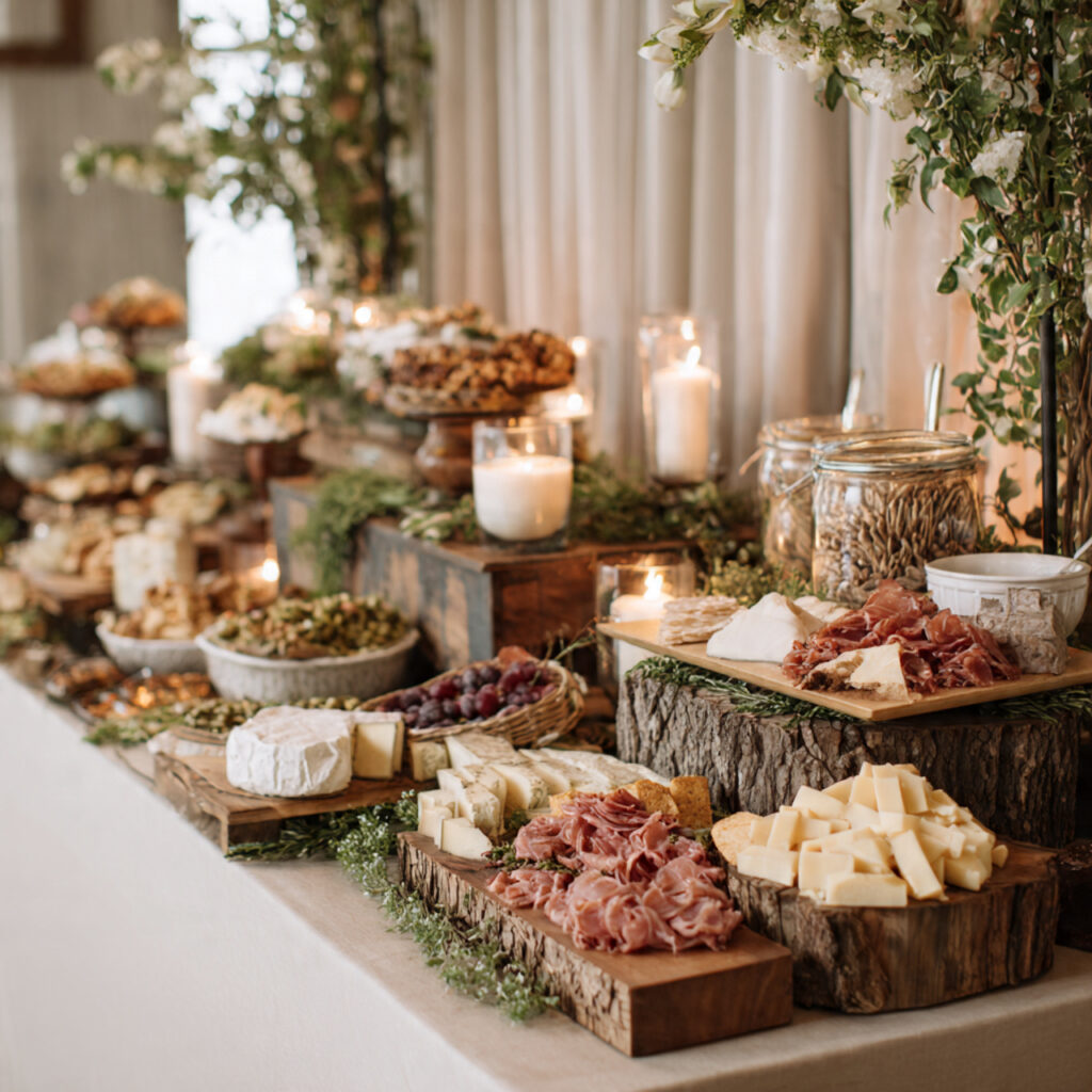 wedding charcuterie grazing wall with cheeses cured