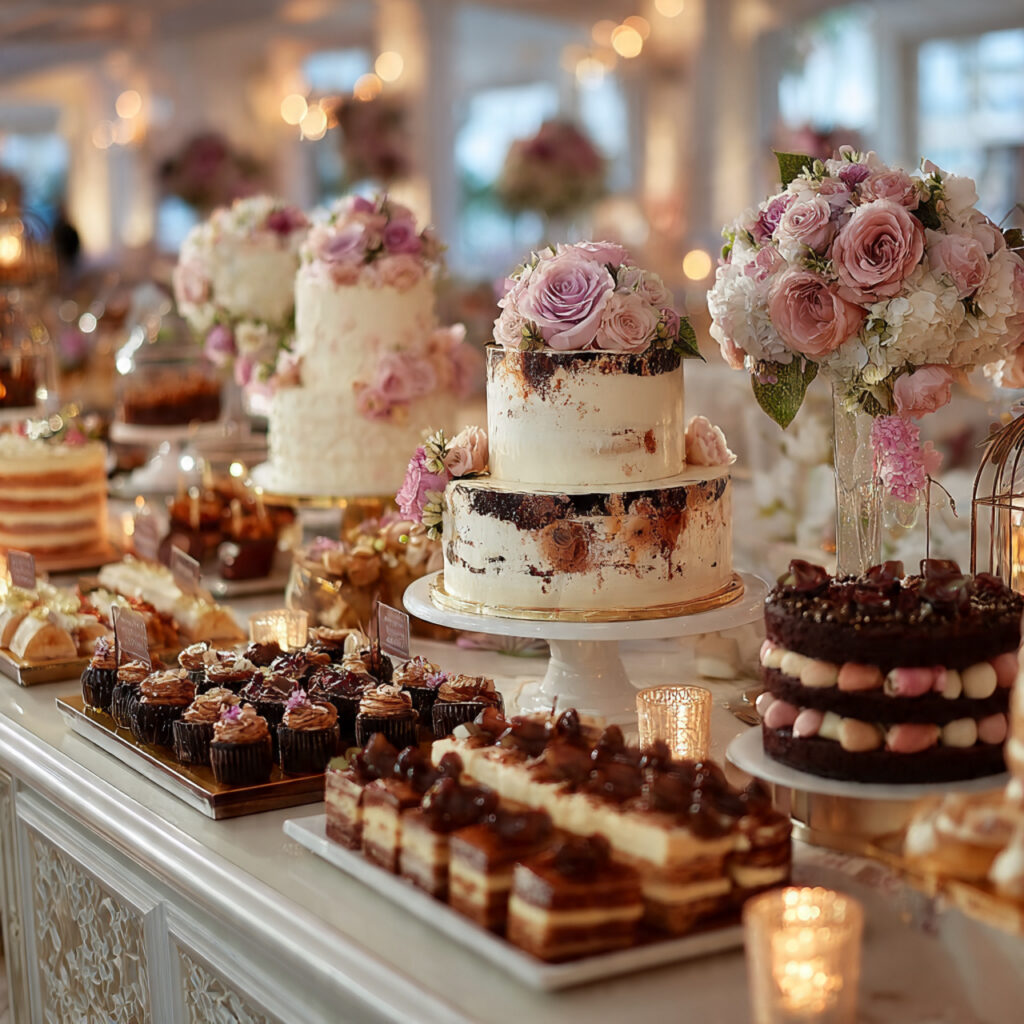 wedding dessert focused reception with multiple dessert tables