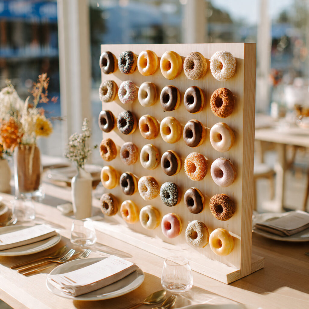 wedding donut wall with assorted donuts on