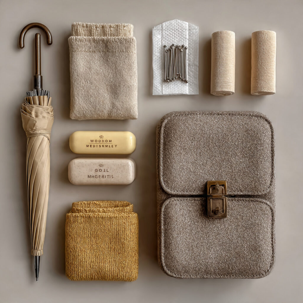 wedding emergency kit flat lay with safety