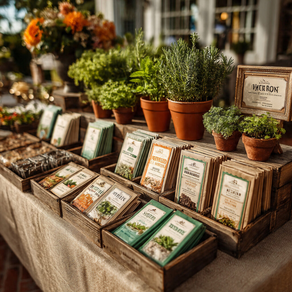 wedding favor table with seed packets and