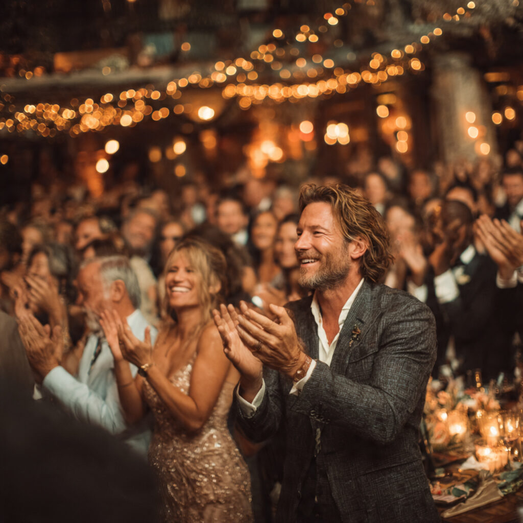 wedding guests clapping and dancing together in