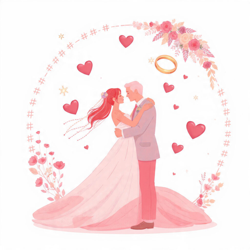 wedding illustration with floating heart emojis rings