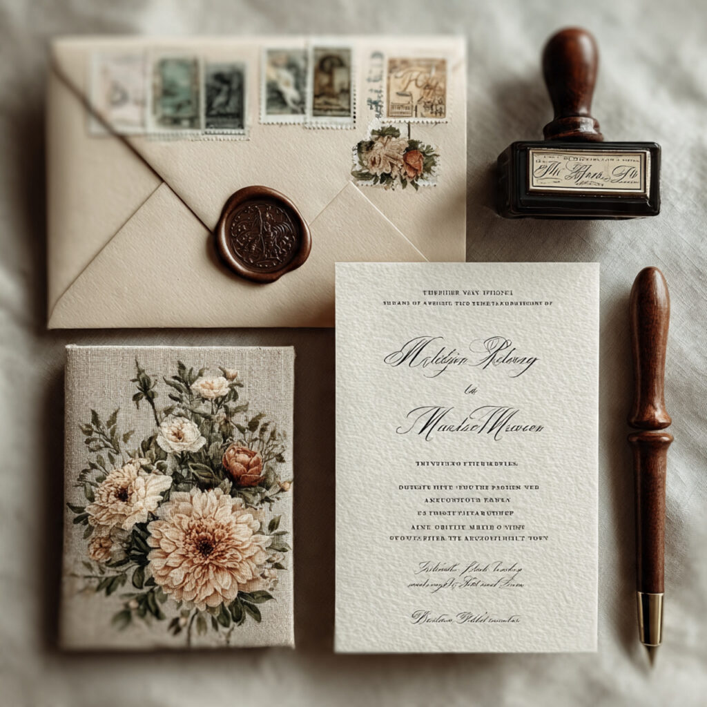 wedding invitations neatly arranged on a light