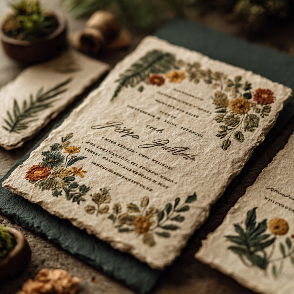 wedding invitations with botanical illustrations and textured