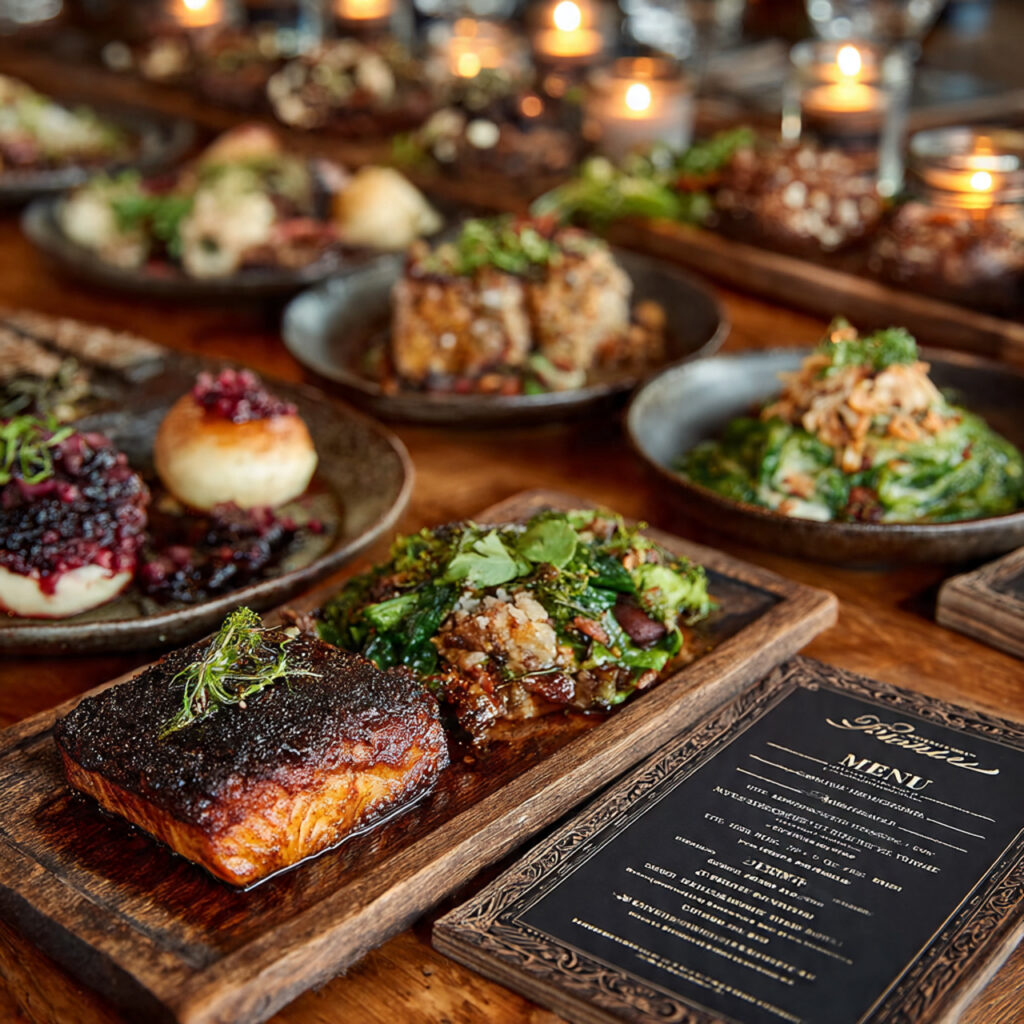 wedding menu cards placed beside plated food