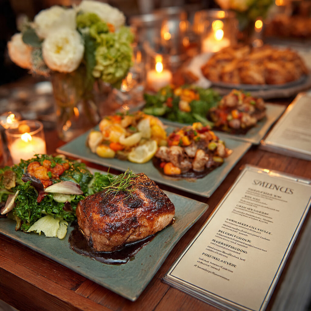 wedding menu tasting setup with plated food