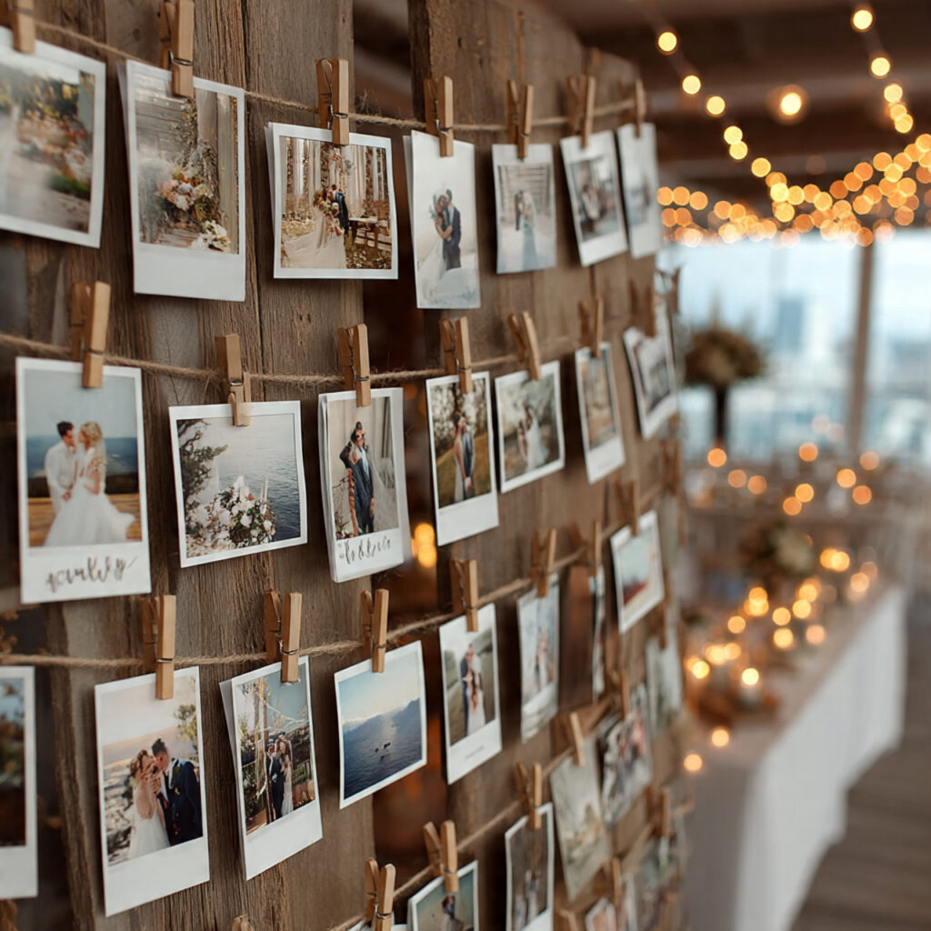 wedding photo display made with string and