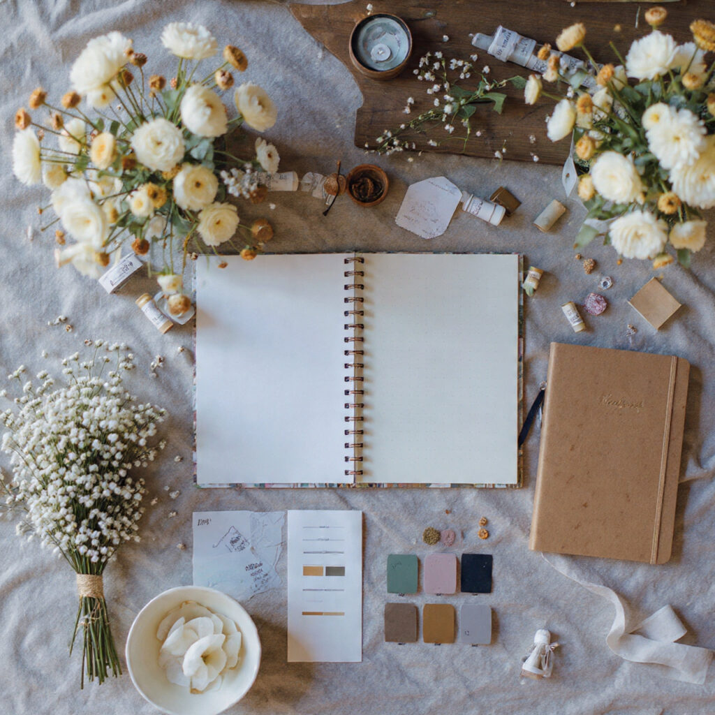 wedding planning flat lay with simple wedding