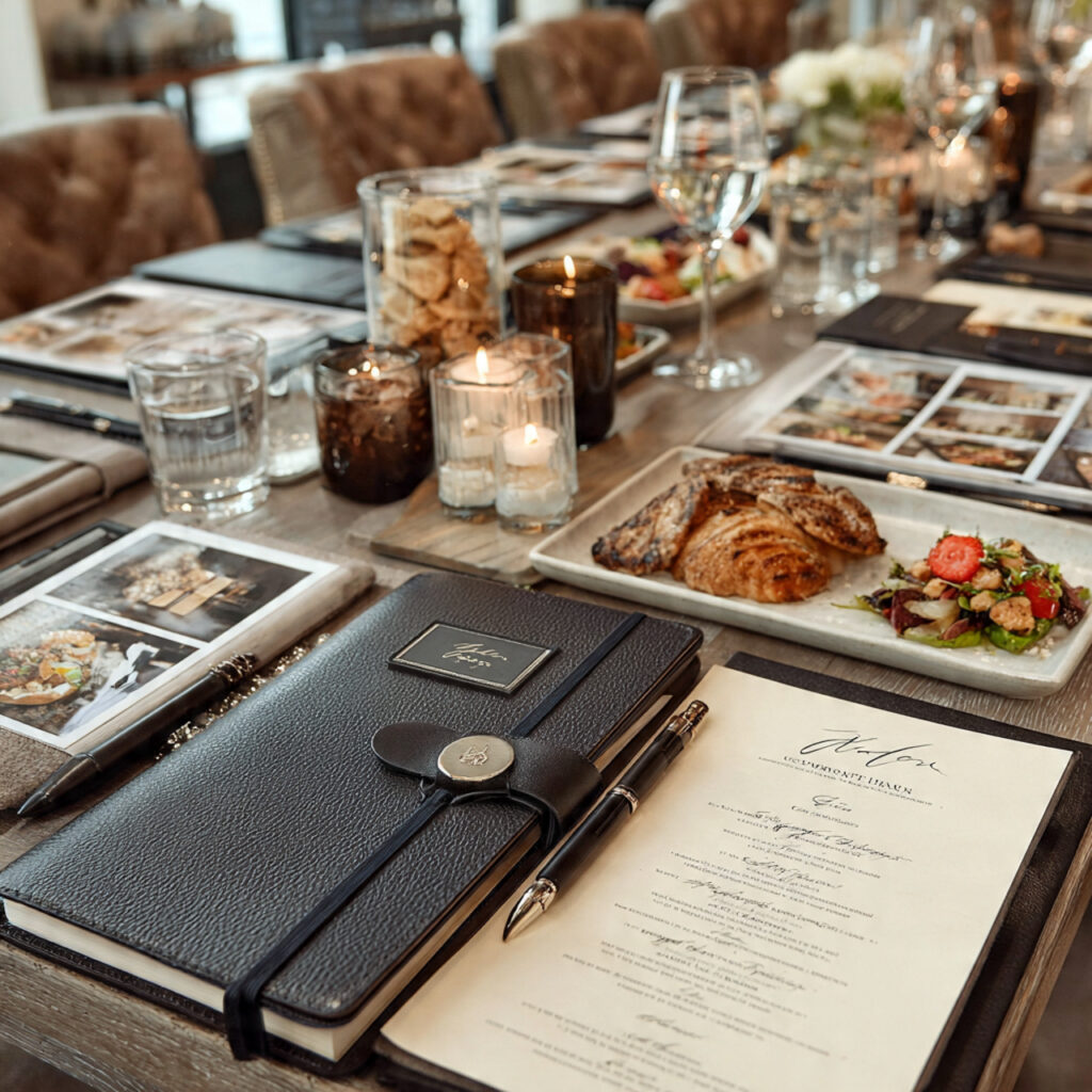 wedding planning meeting with photographer portfolio catering