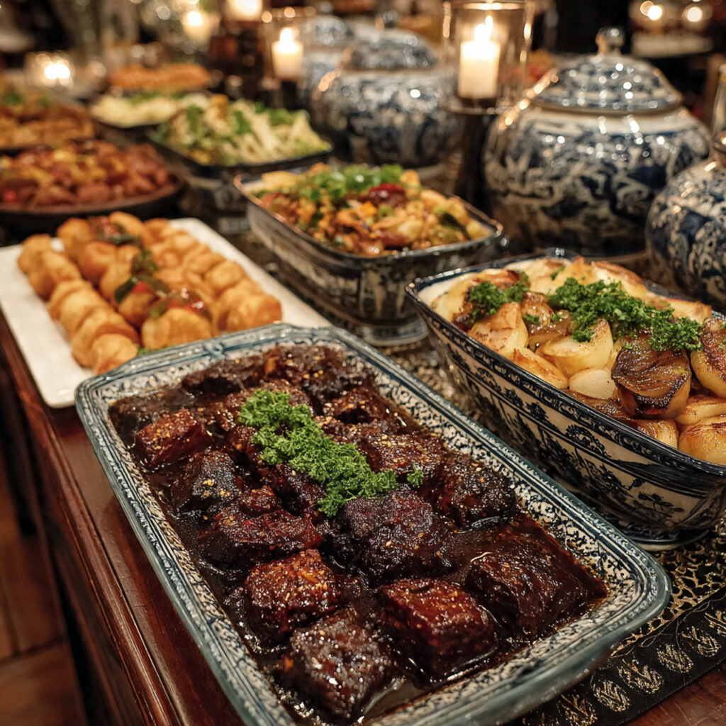 wedding reception displaying symbolic traditional foods linked