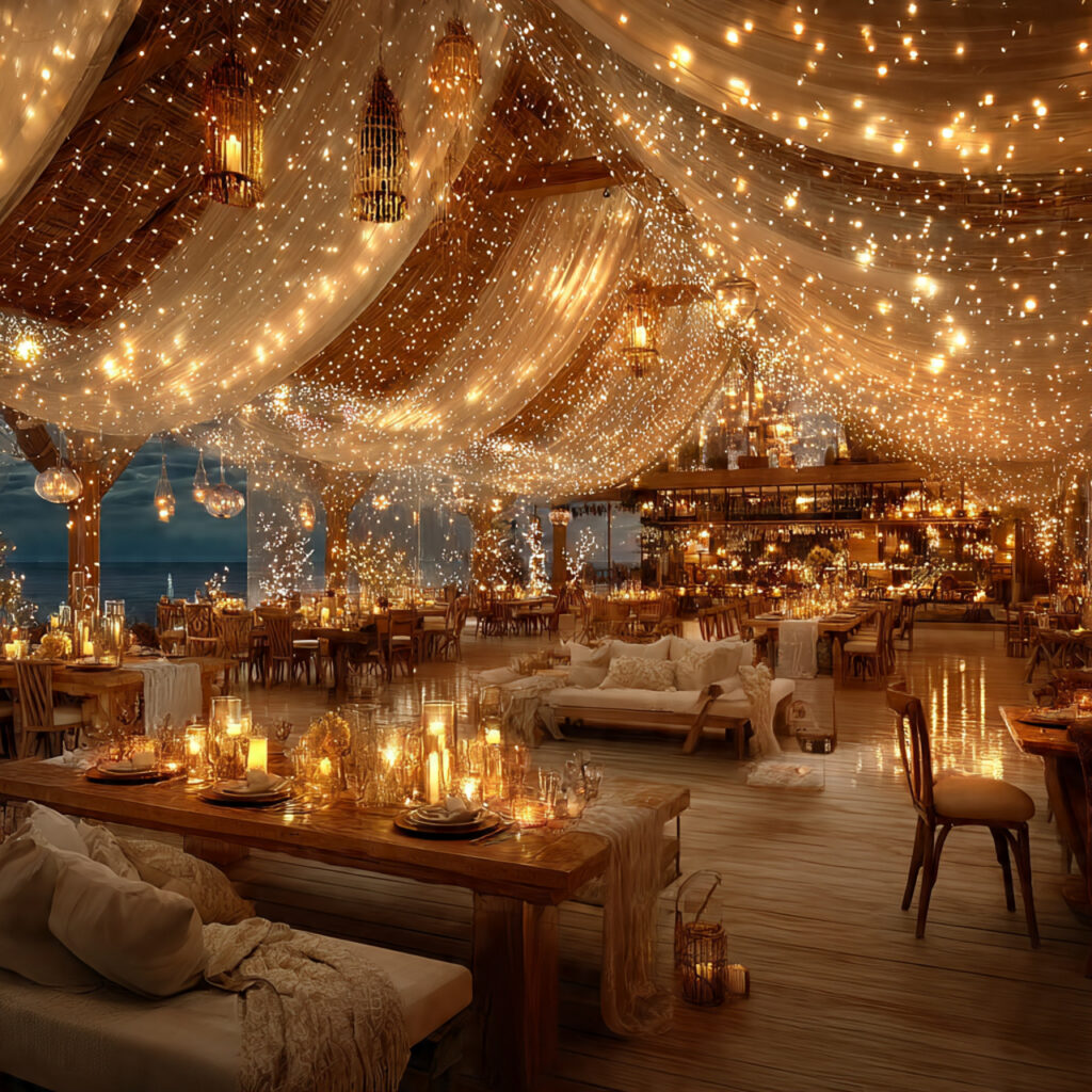 wedding reception space decorated with warm white