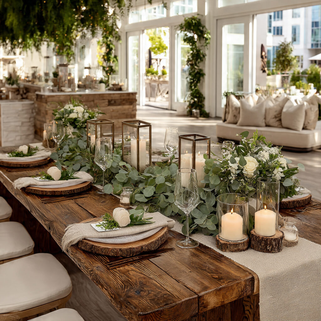 wedding reception tables styled with eucalyptus greenery