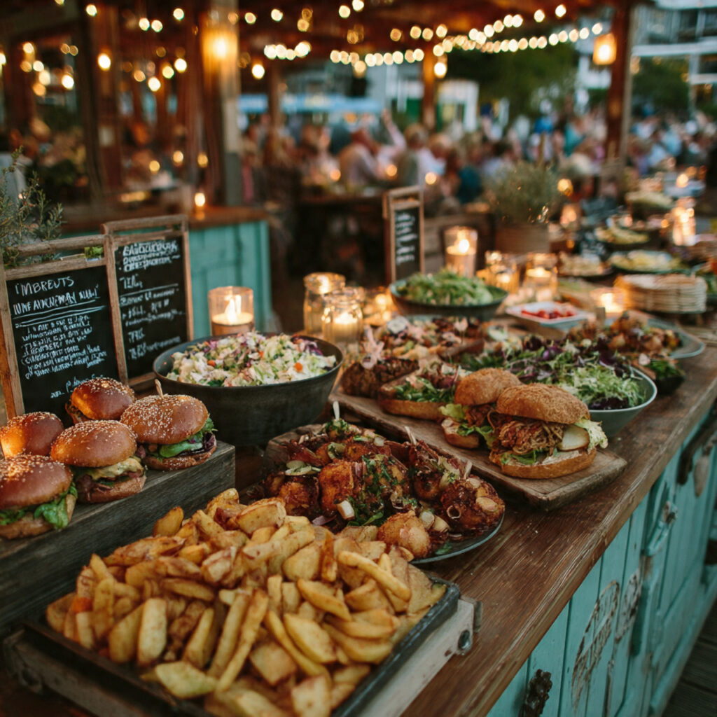 wedding reception with street food style counters casual