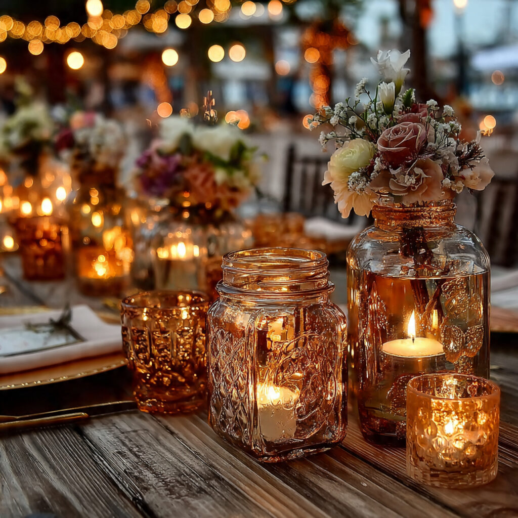 wedding table centerpiece featuring mixed glass candle
