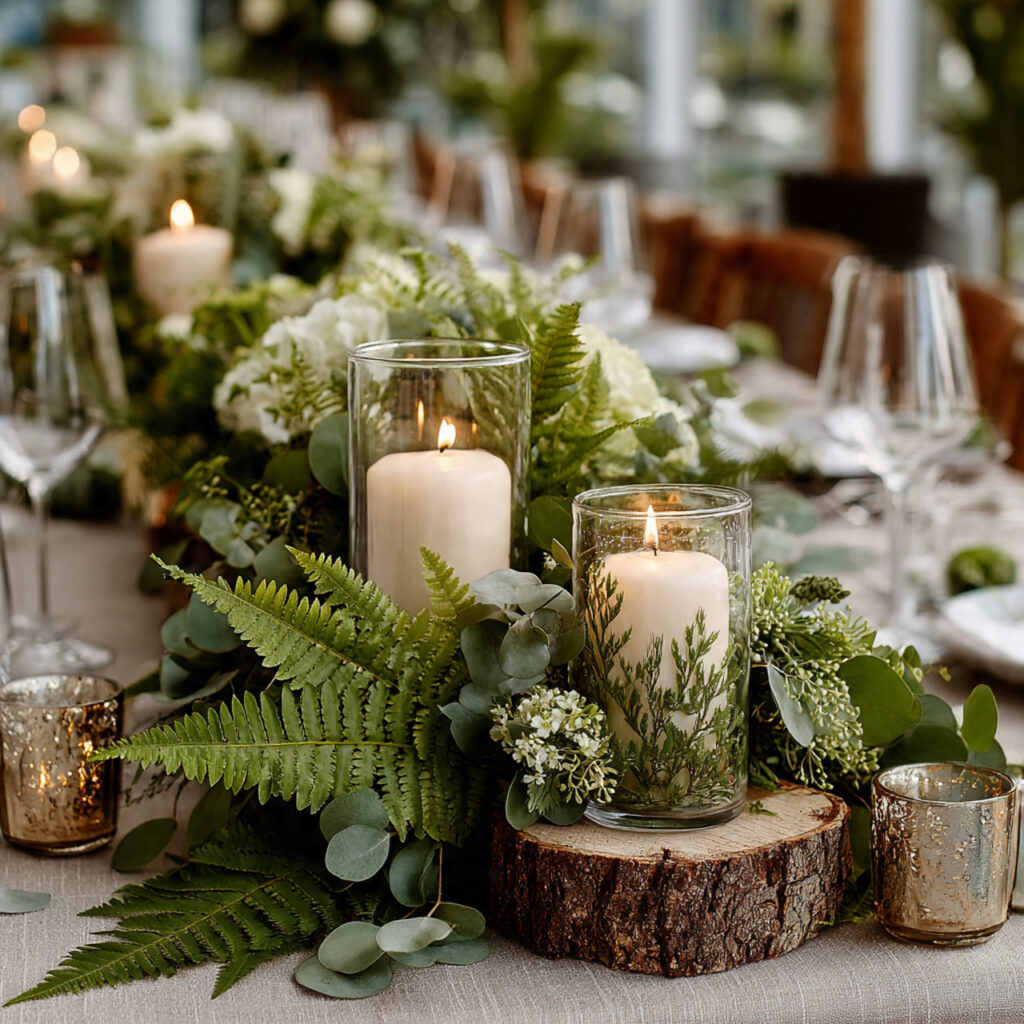 wedding table centerpiece with lush green garlands