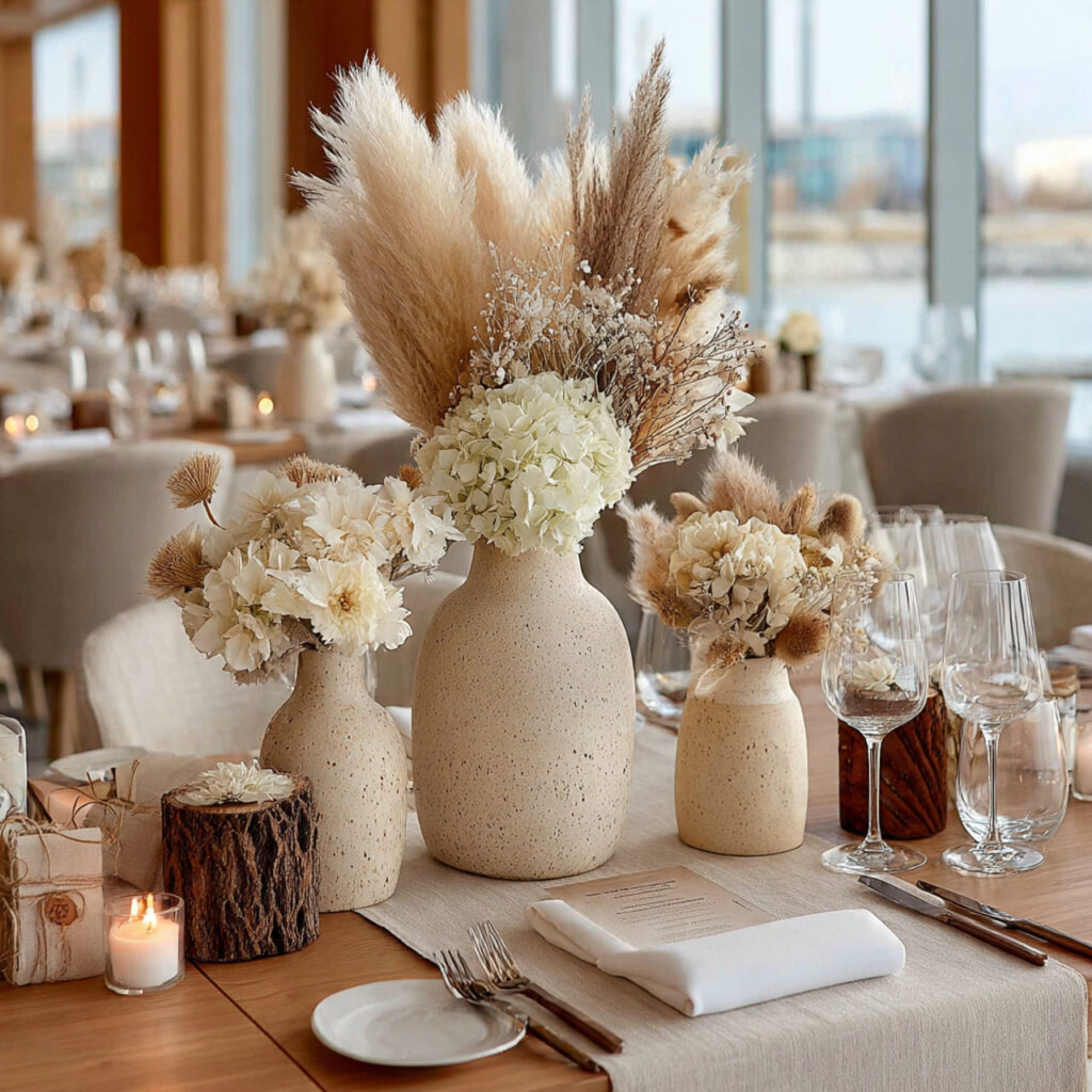 wedding table decor featuring dried pampas grass