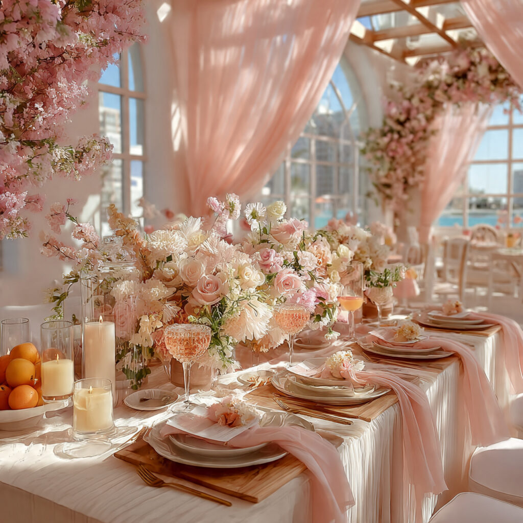 whimsical bridal shower decor with airy fabrics