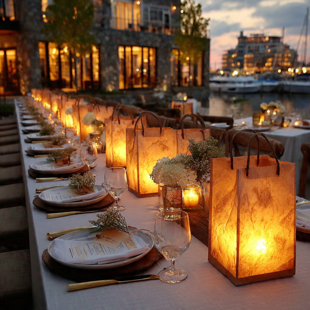 white paper bag luminaries with soft glowing