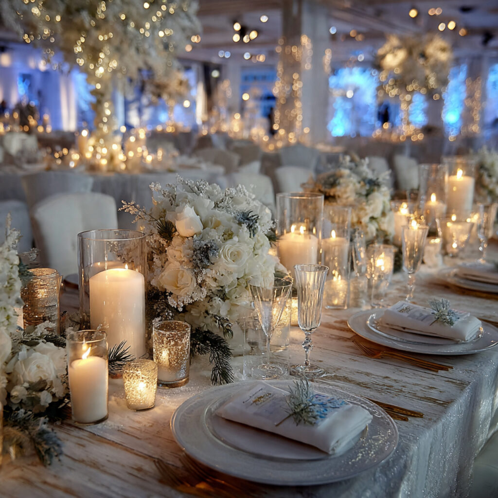 winter wonderland wedding reception with white and