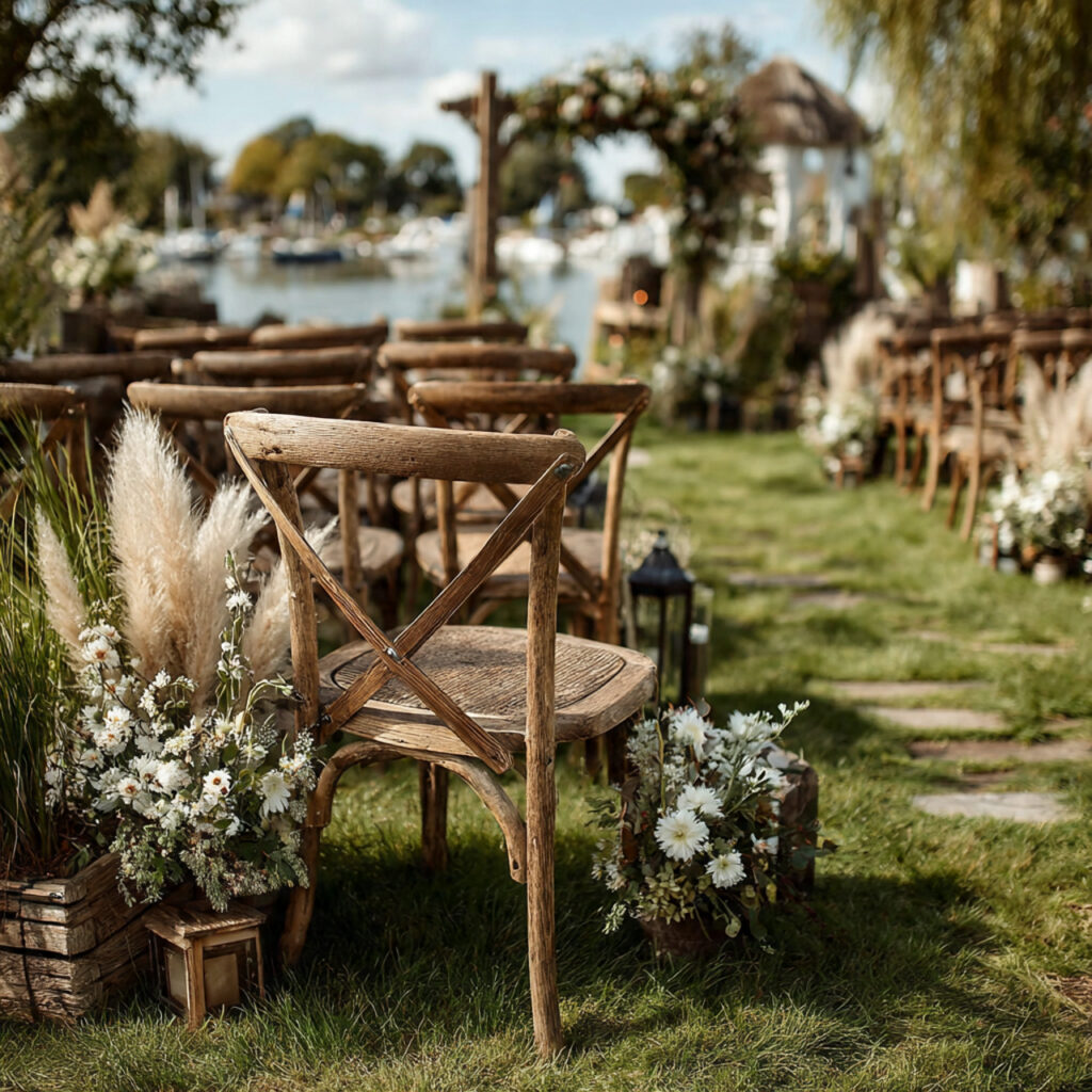 wooden cross back chairs arranged for a rustic