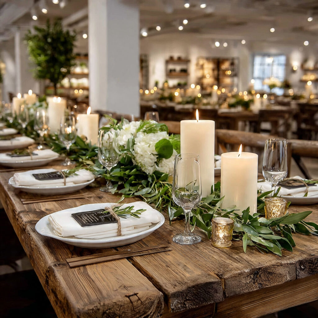 wooden dining table with a simple greenery
