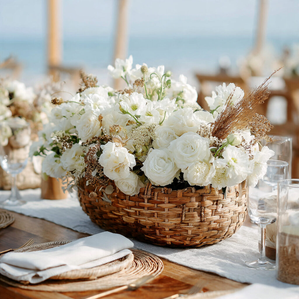 woven rattan basket centerpiece filled with neutral