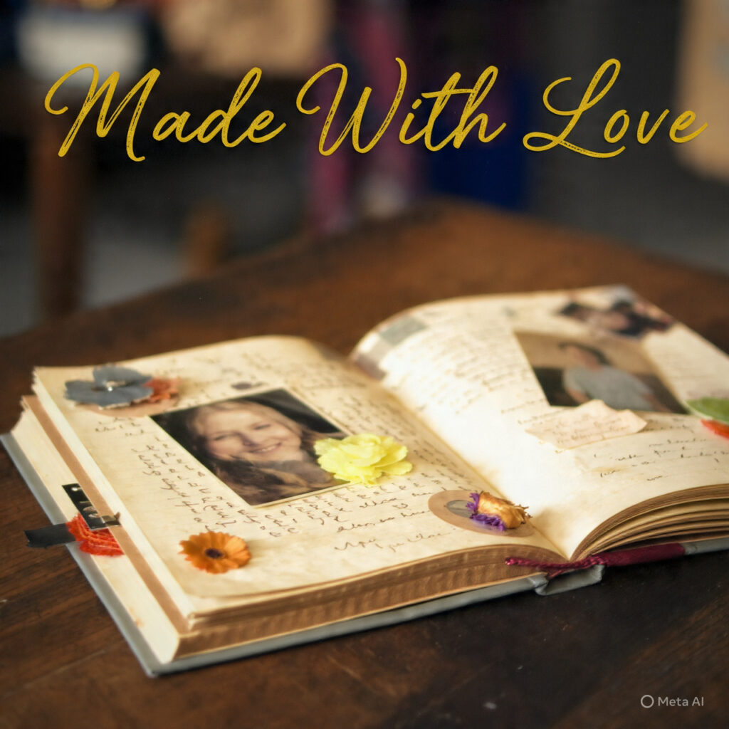 a handmade scrapbook open on a table filled with p