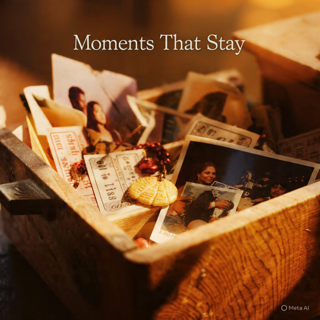 a wooden memory box open with photos tickets and s