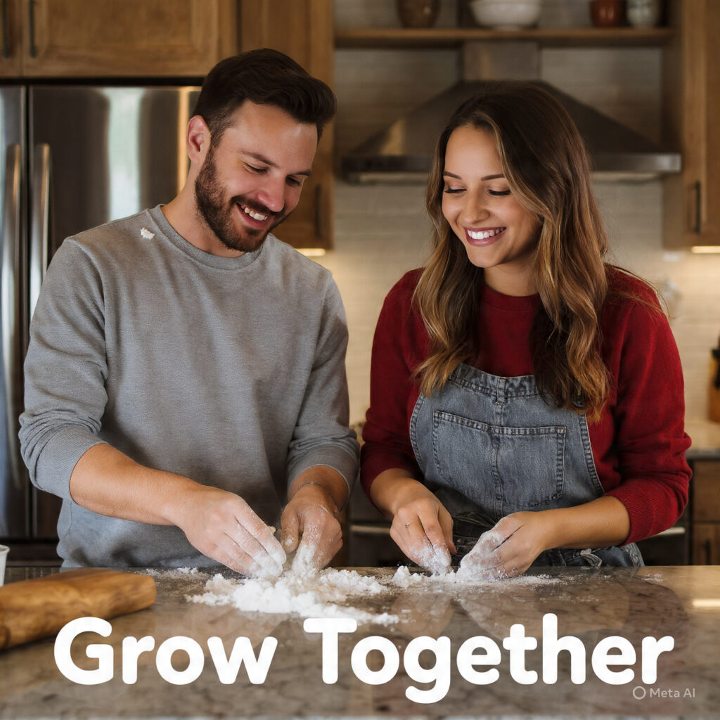 couple cooking together in a modern kitchen smilin