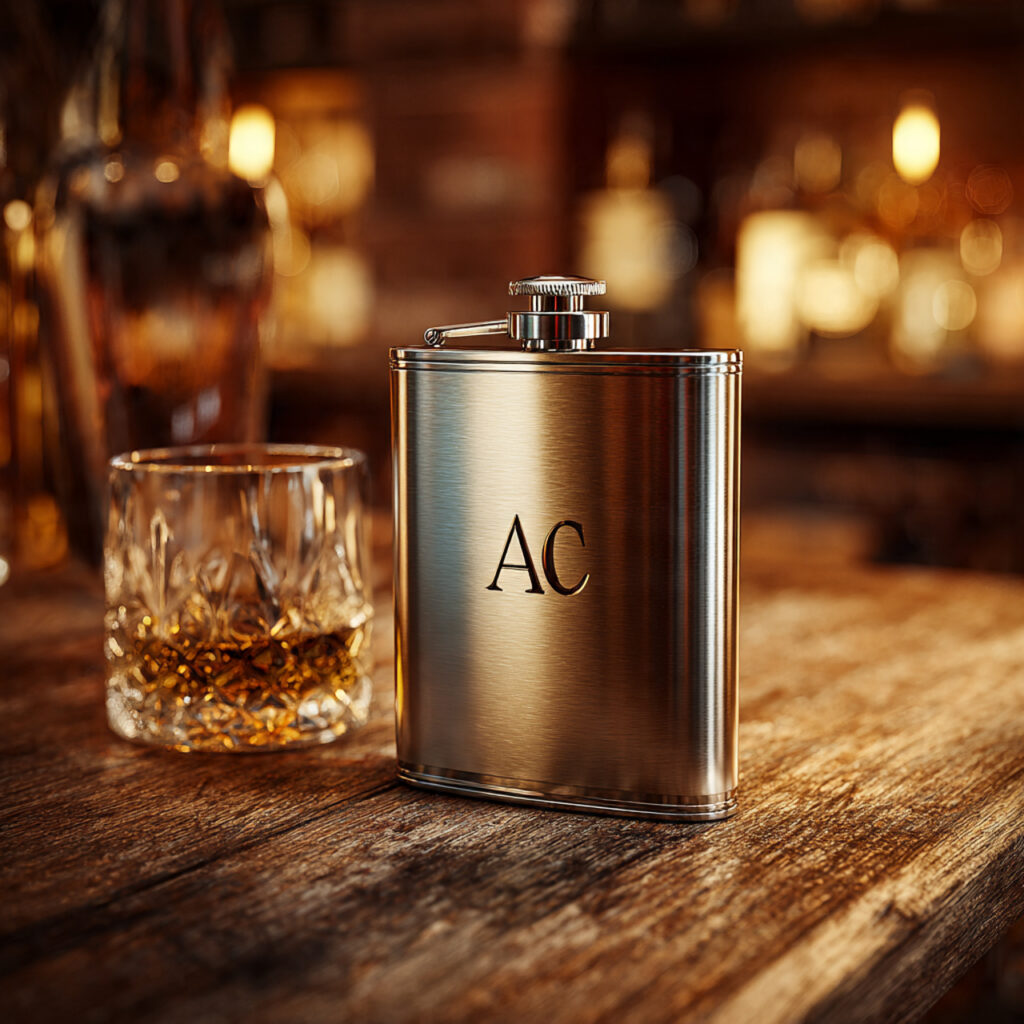 engraved metal flask with initials placed on woode
