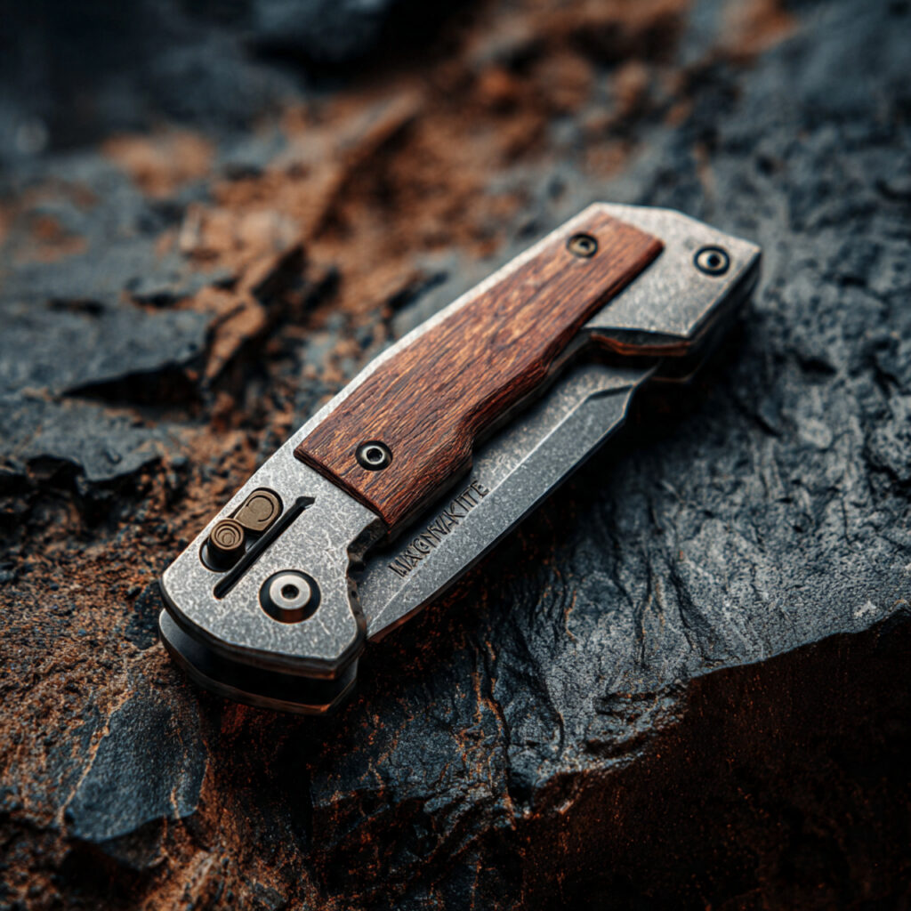 engraved pocket knife with wooden handle placed on