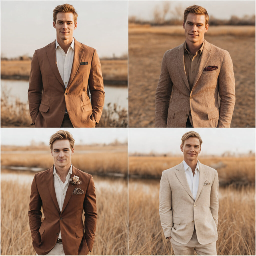 groomsmen wearing different textured jackets in a 1