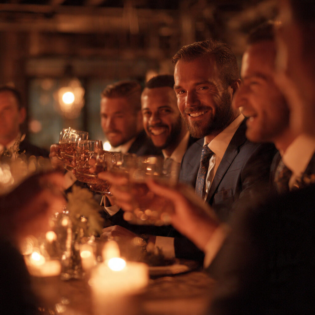group of groomsmen enjoying dinner together laughi
