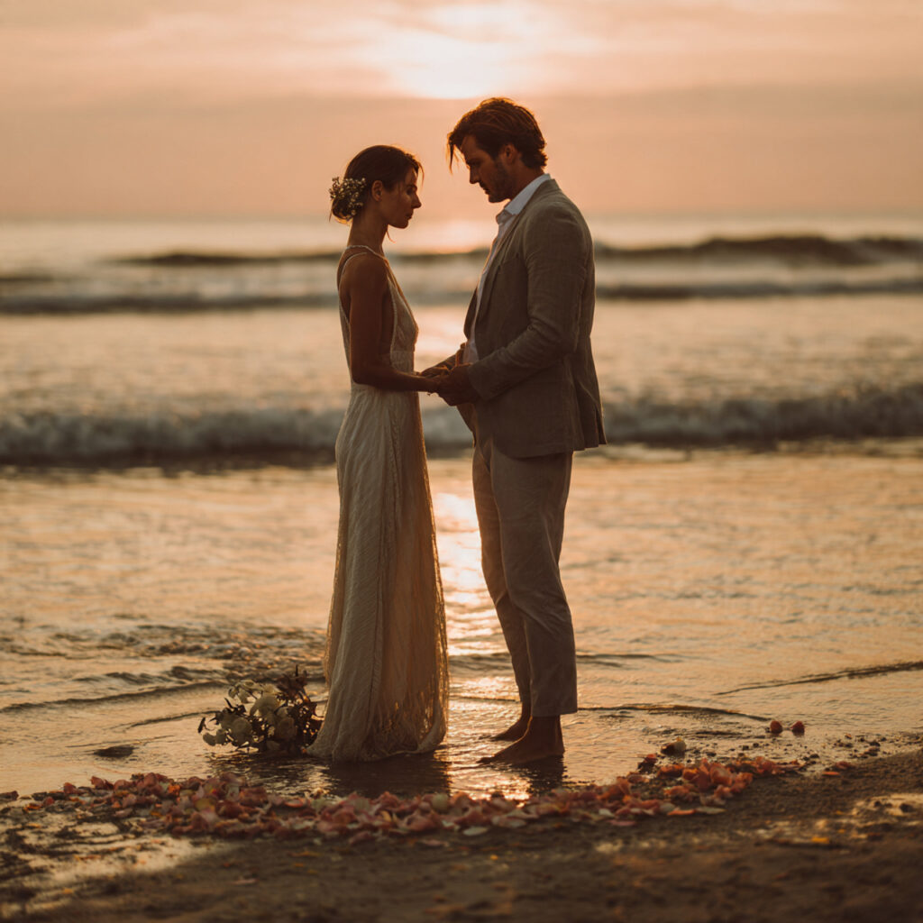 intimate beach wedding ceremony couple standing by