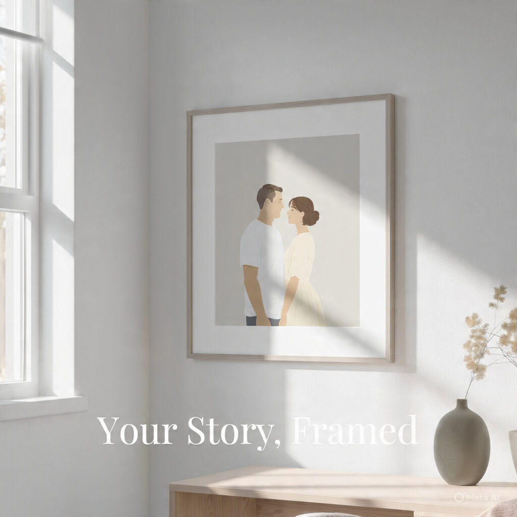 minimalist framed couple illustration hanging on a