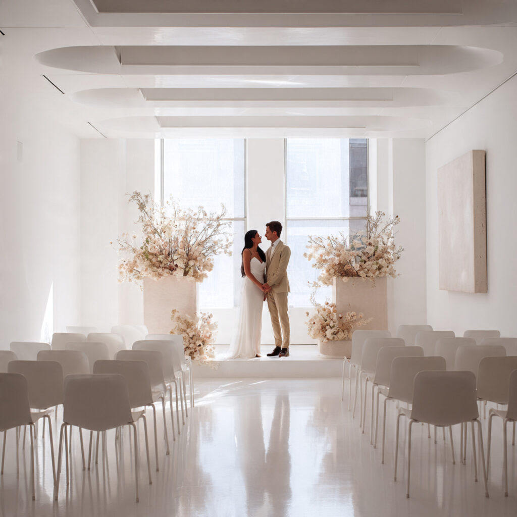 minimalist wedding ceremony setup clean white aest