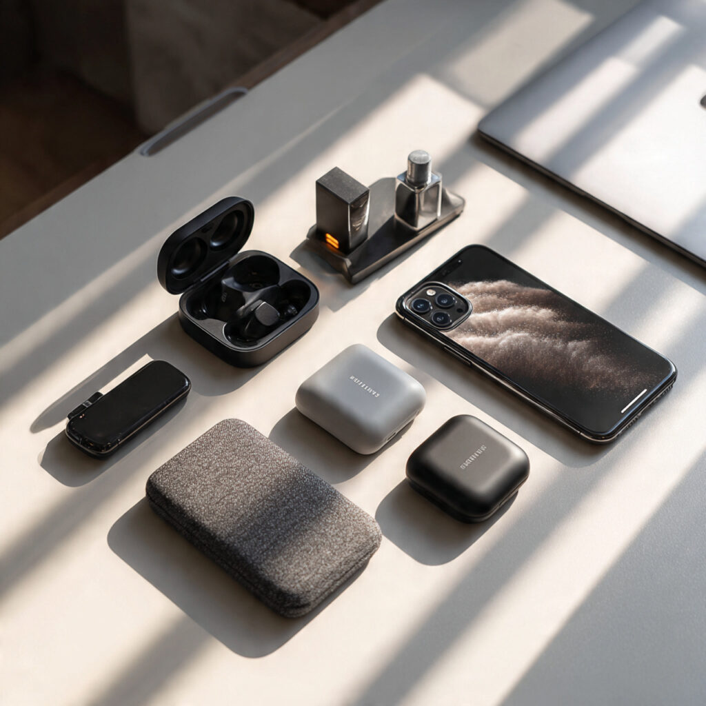 modern tech accessories set including wireless cha