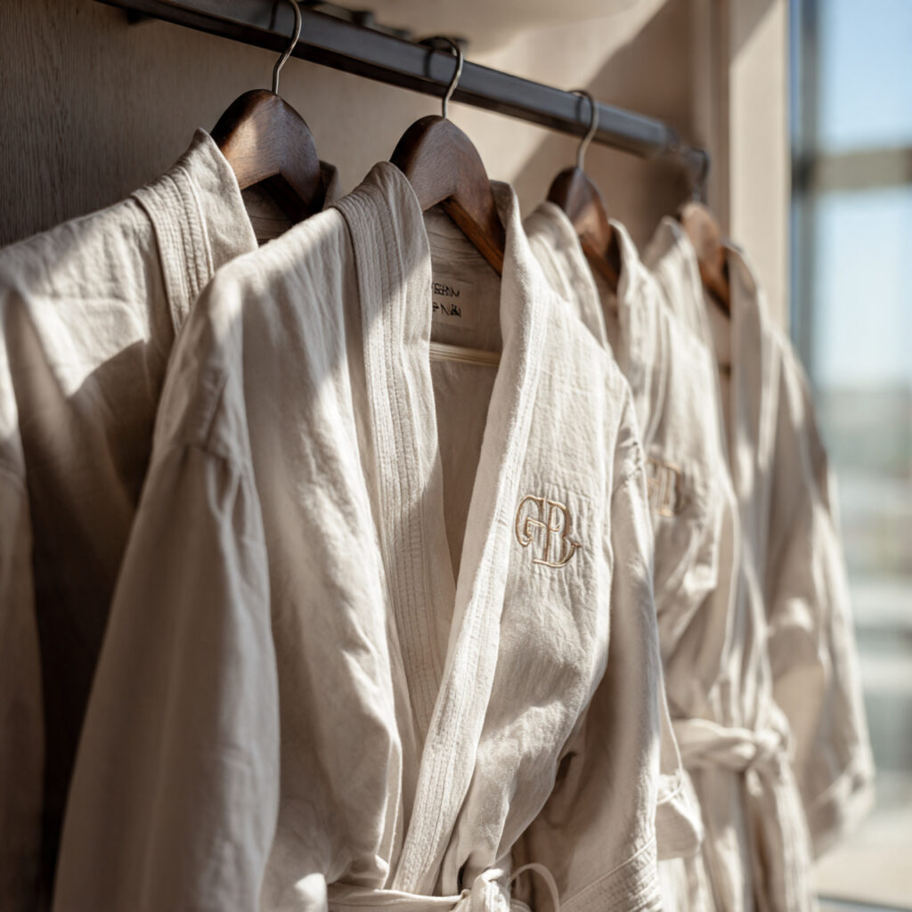 monogrammed groomsmen robes hanging together soft