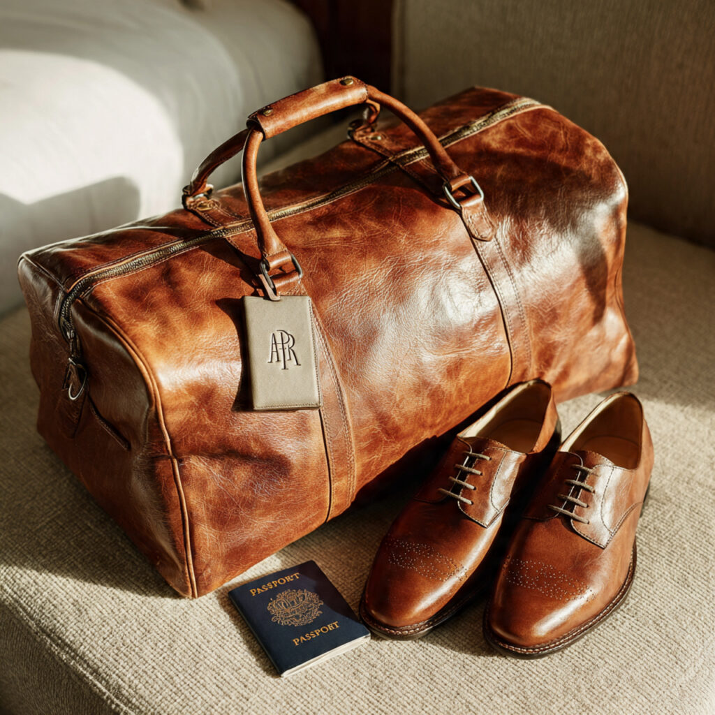 premium leather duffle bag with initials tag place
