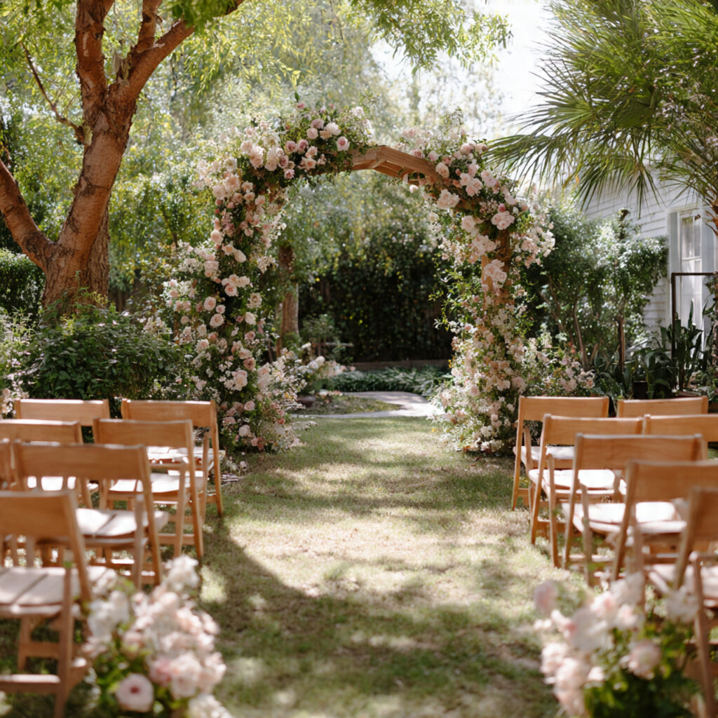 small garden wedding ceremony backyard setup with