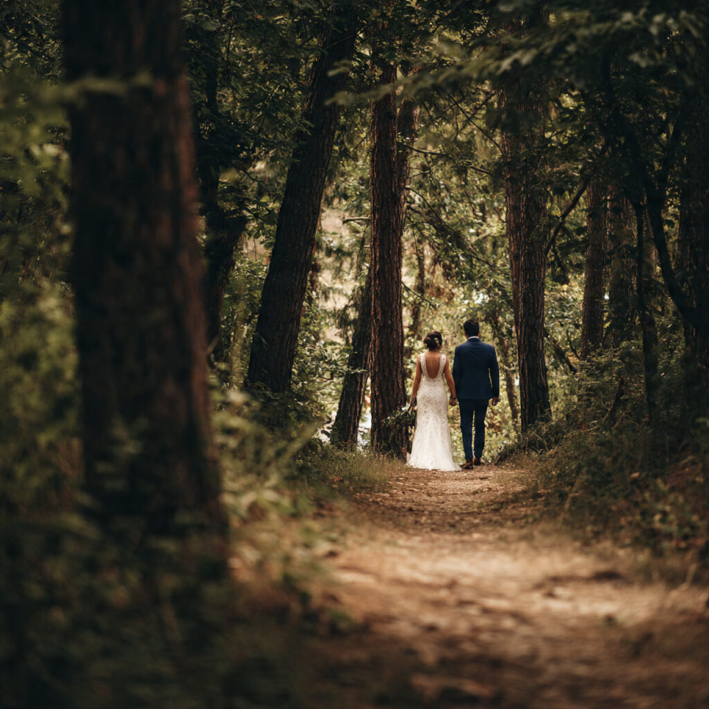 wedding couple walking through forest captured in